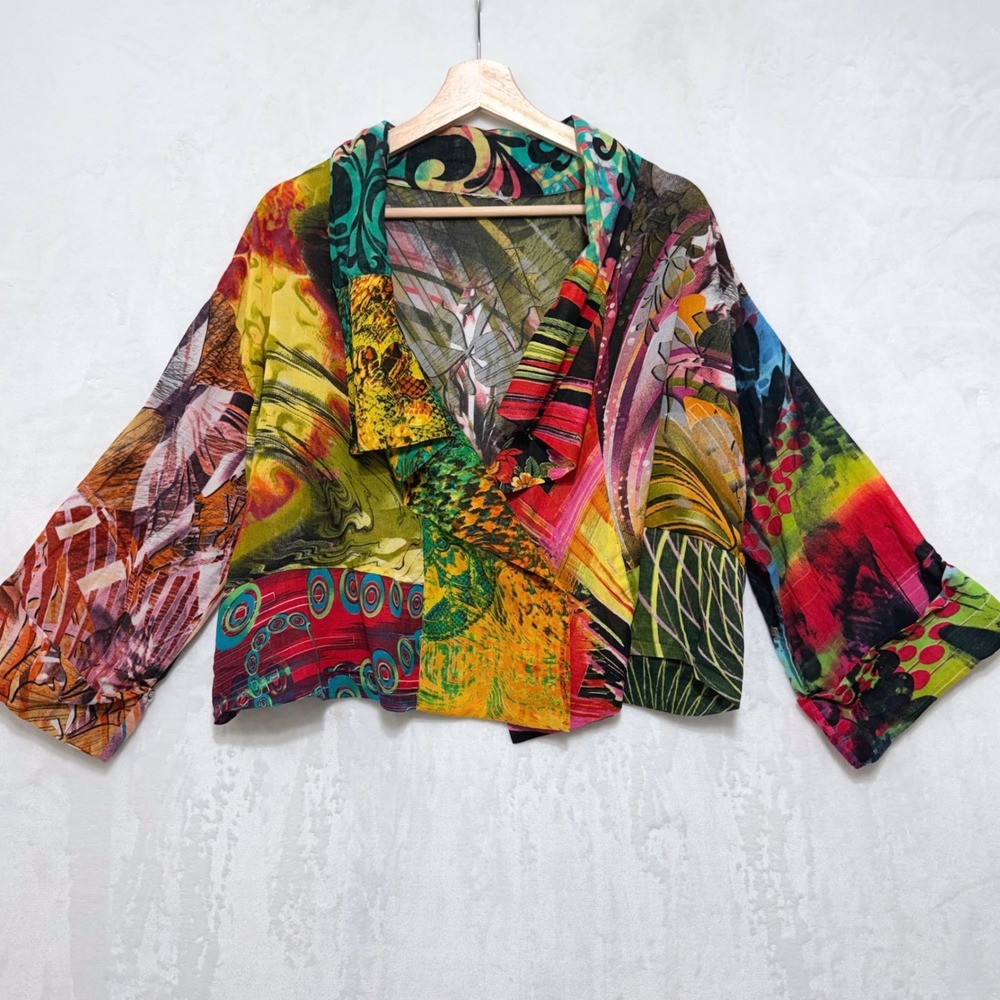 Women's Abstract Print Cotton Jacket Art To Wear Boho Lagenlook Multicolor
